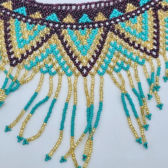 Huichol Beaded Collar Necklace| Handmade Purple, Turquoise & Gold – New from Mex - Picture 4 of 16